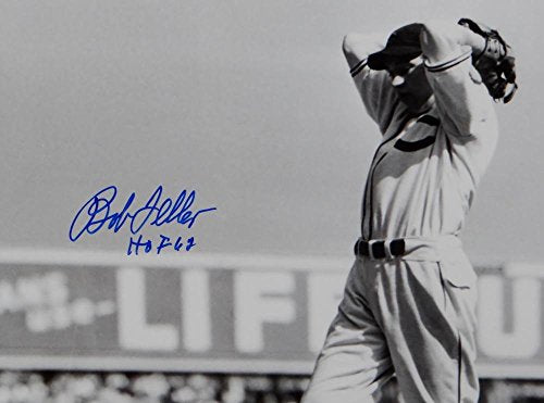 Bob Feller Signed Cleveland Indians 8x10 HOF BW Pitching Photo- MLB AuthBlue - 757 Sports Collectibles