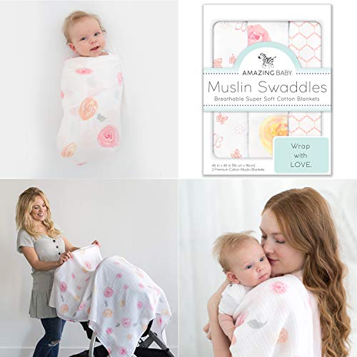 Amazing Baby Cotton Muslin Swaddle Blankets, Watercolor Roses, Pink, Pack of 3 - 757 Sports Collectibles