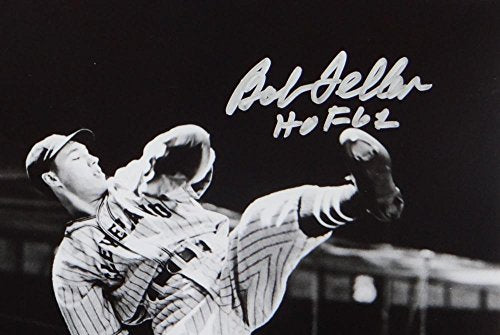 Bob Feller Signed Cleveland Indians 8x10 HOF B&W Pitching Photo- MLB AuthSilver - 757 Sports Collectibles