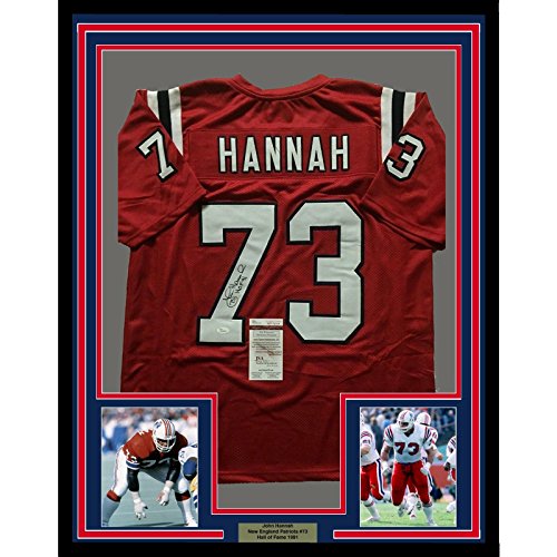 Framed Autographed/Signed John Hannah"HOF 91" 33x42 New England Patriots Red Football Jersey JSA COA