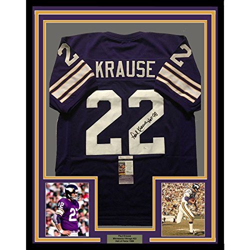 Framed Autographed/Signed Paul Krause"HOF 98" 33x42 Minnesota Vikings Purple Football Jersey JSA COA