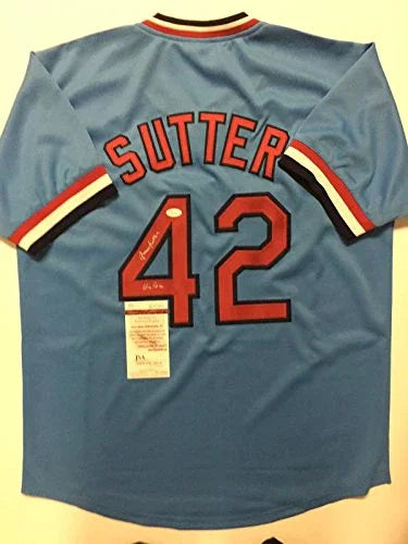 Autographed/Signed Bruce Sutter"HOF 06" St. Louis Blue Baseball Jersey JSA COA - 757 Sports Collectibles