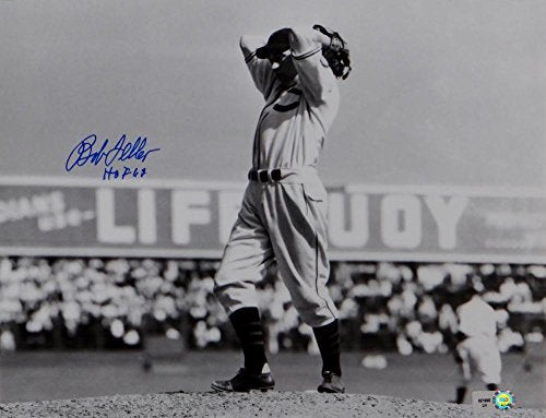 Bob Feller Signed Cleveland Indians 8x10 HOF BW Pitching Photo- MLB AuthBlue