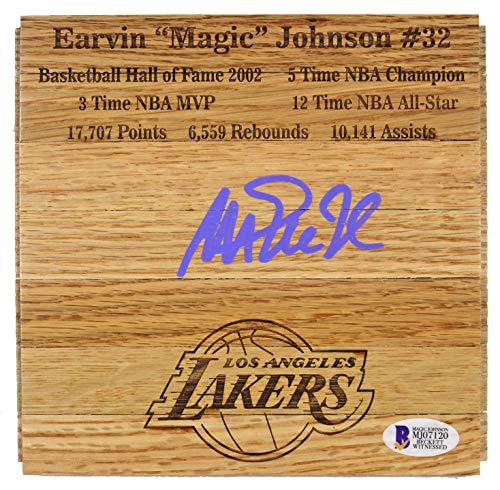 Lakers Magic Johnson Signed 6x6 floorboard w/Purple Signature BAS Witnessed - 757 Sports Collectibles