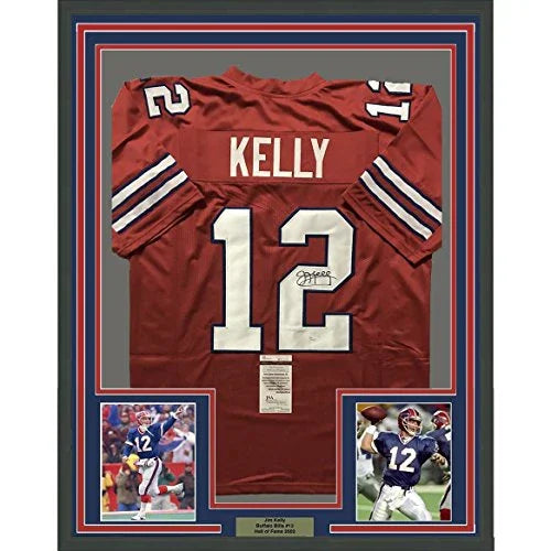 Framed Autographed/Signed Jim Kelly 33x42 Buffalo Bills Red Football Jersey JSA COA
