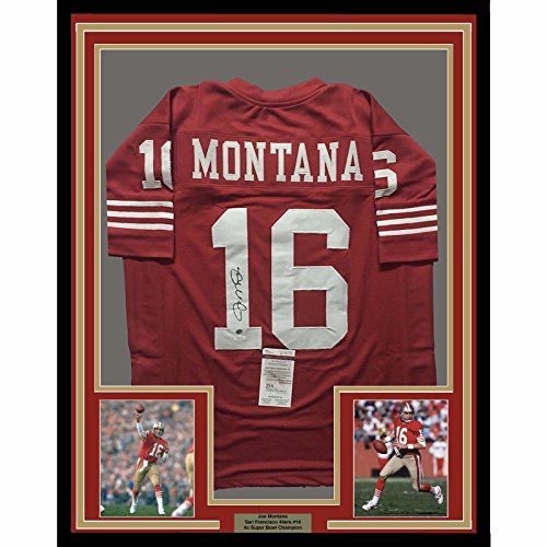 Framed Autographed/Signed Joe Montana 33x42 San Francisco 49ers Red Football Jersey JSA COA