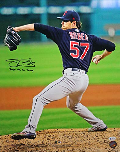 Shane Bieber Autographed Cleveland Indians 16X20 FP Pitching w/Insc - Beckett W Auth Black - 757 Sports Collectibles