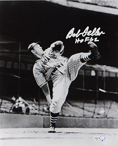 Bob Feller Signed Cleveland Indians 8x10 HOF B&W Pitching Photo- MLB AuthSilver - 757 Sports Collectibles