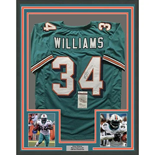 Framed Autographed/Signed Ricky Williams 33x42 Miami Dolphins Teal Football Jersey JSA COA