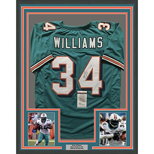 Framed Autographed/Signed Ricky Williams 33x42 Miami Dolphins Teal Football Jersey JSA COA