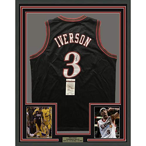 Framed Autographed/Signed Allen Iverson 33x42 Philadelphia Black Basketball Jersey JSA COA