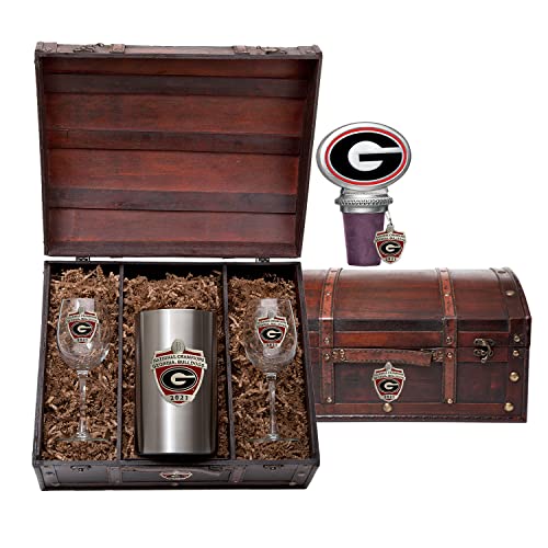 Heritage Pewter Georgia Bulldogs 2021-2022 National Champions Glassware Chest Set | Two 12 oz. Wine Goblets with Bottle Chiller and Bottle Stopper | Expertly Crafted Pewter Glass - 757 Sports Collectibles