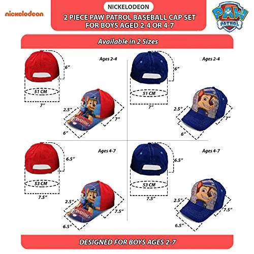 Nickelodeon Boys Paw Patrol Baseball Cap 2 Pack (Ages 2-7), Blue/Red 4-7 - 757 Sports Collectibles