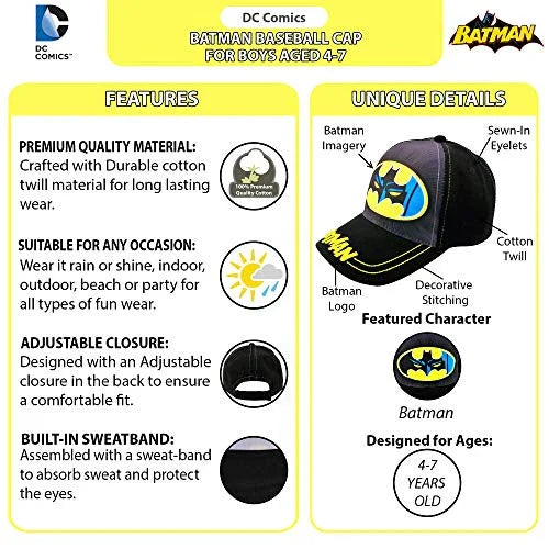 DC Comics Boys Baseball Cap with 3D POP: Batman, Superman and Justice League (Ages 2-7) - 757 Sports Collectibles