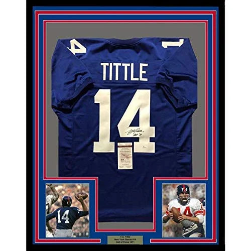 Framed Autographed/Signed YA Y.A. Tittle"HOF 71" 33x42 New York Giants Blue Football Jersey JSA COA