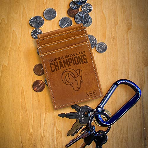 Rico Industries NFL Los Angeles Rams Personalized/Custom 2022 Super Bowl LVI Champions Laser Engraved Brown Front Pocket Wallet - 757 Sports Collectibles