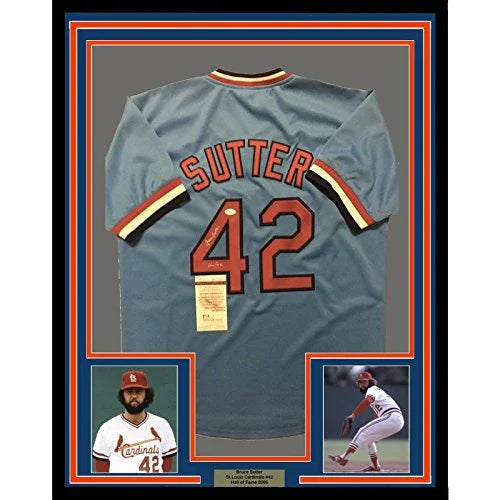 Framed Autographed/Signed Bruce Sutter"HOF 06" 33x42 St. Louis Blue Baseball Jersey JSA COA