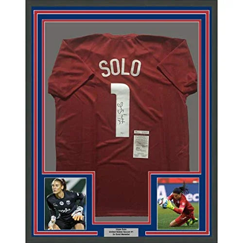 Framed Autographed/Signed Hope Solo 33x42 United States USA Red Soccer Jersey JSA COA