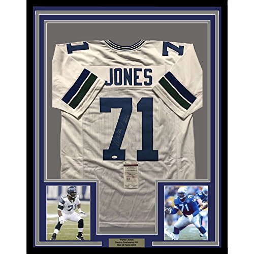 Framed Autographed/Signed Walter Jones"HOF 14" 33x42 Seattle Seahawks White Football Jersey JSA COA
