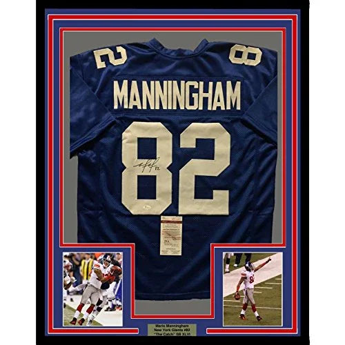 Framed Autographed/Signed Mario Manningham 33x42 New York Giants Blue Football Jersey JSA COA