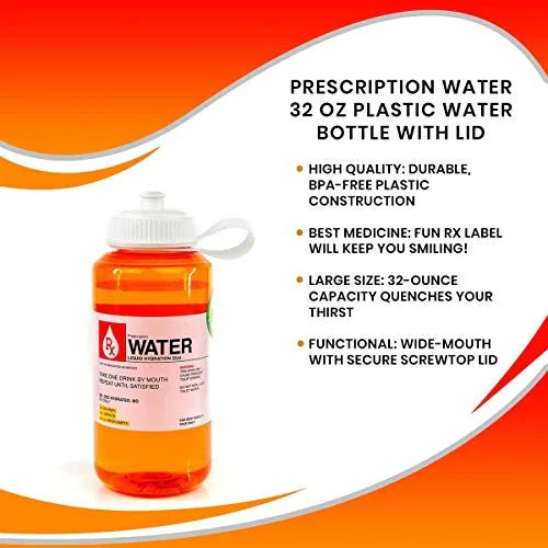 Prescription Water 32 Oz Plastic Water Bottle With Lid - Wide-Mouth, BPA-Free Novelty Hydroflask - Fun, Unique Orange Medicine Bottle With Screwtop Cap Design - Hydration Enthusiast Gift Idea - 757 Sports Collectibles