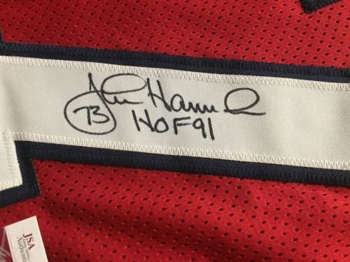 Framed Autographed/Signed John Hannah"HOF 91" 33x42 New England Patriots Red Football Jersey JSA COA - 757 Sports Collectibles
