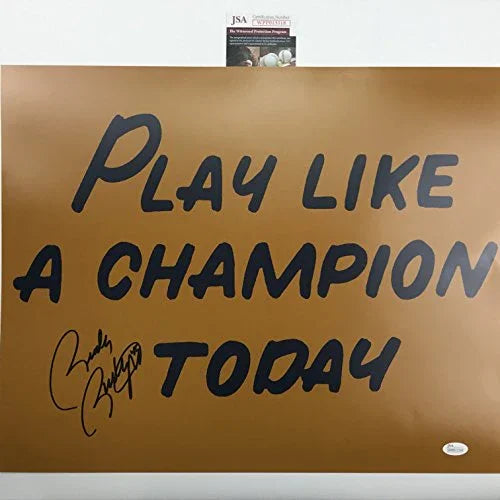 Autographed/Signed Rudy Ruettiger"Play Like A Champion Today" Notre Dame 16x20 Football Photo JSA COA