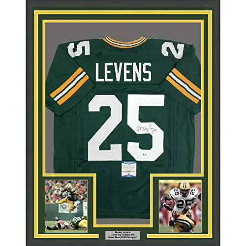 Framed Autographed/Signed Dorsey Levens 33x42 Green Bay Packers Green Football Jersey JSA COA