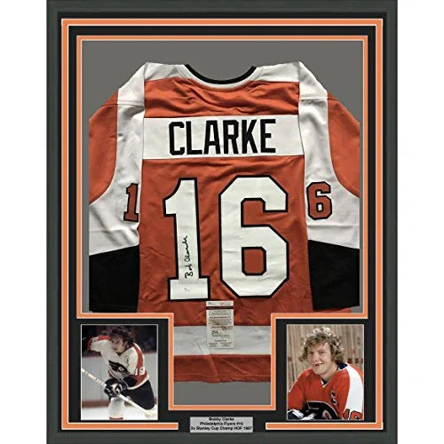 Framed Autographed/Signed Bob Bobby Clarke 33x42 Philadelphia Orange Hockey Jersey JSA COA