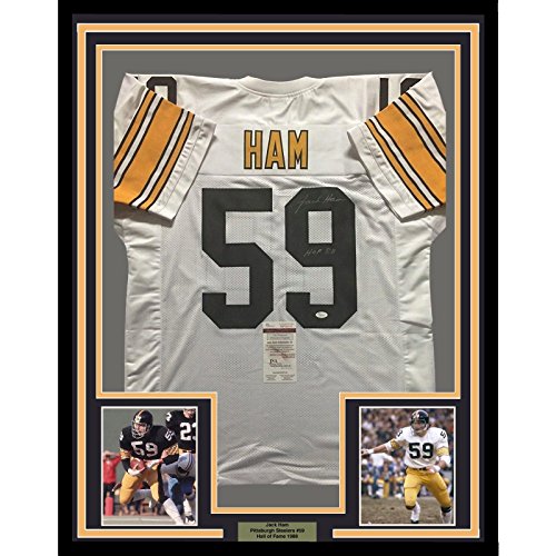 Framed Autographed/Signed Jack Ham"HOF 88" 33x42 Pittsburgh Steelers White Football Jersey JSA COA