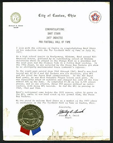 Packers Bart Starr 1977 Hall Of Fame Induction Letter From Canton Ohio - 757 Sports Collectibles