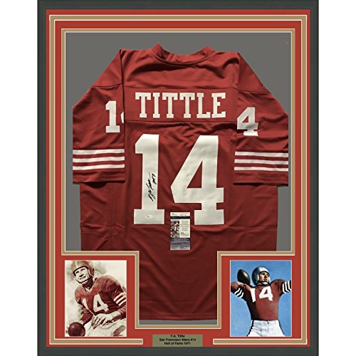 Framed Autographed/Signed YA Y.A. Tittle"HOF 71" 33x42 San Francisco 49ers Red Football Jersey JSA COA