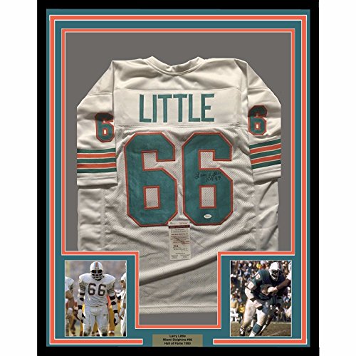 Framed Autographed/Signed Larry Little"HOF 93" 33x42 Miami Dolphins White Football Jersey JSA COA