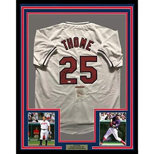 Framed Autographed/Signed Jim Thome 33x42 Cleveland White Baseball Jersey JSA COA