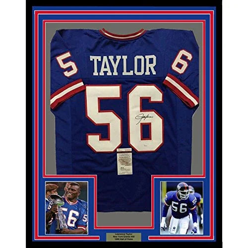 Framed Autographed/Signed Lawrence Taylor 33x42 New York Blue Football Jersey JSA COA