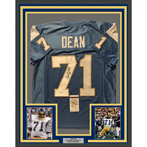Framed Autographed/Signed Fred Dean"HOF 08" 33x42 San Diego Chargers Powder Blue Football Jersey JSA COA