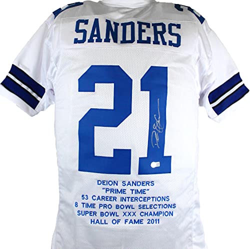 Deion Sanders Autographed White Pro STAT Style Jersey-Beckett W Hologram Silver - 757 Sports Collectibles