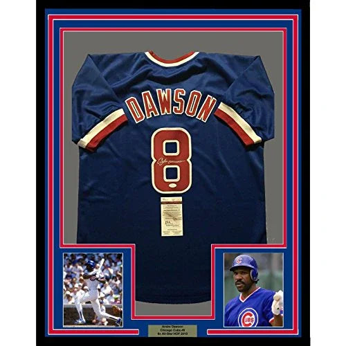 Framed Autographed/Signed Andre Dawson 33x42 Chicago Blue Baseball Jersey JSA COA