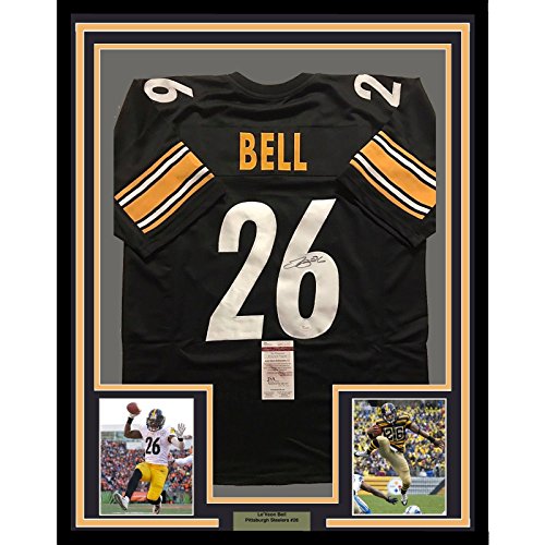 Framed Autographed/Signed Le'Veon LeVeon Bell 33x42 Pittsburgh Steelers Black Football Jersey JSA COA