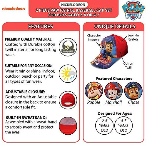 Nickelodeon Boys Paw Patrol Baseball Cap 2 Pack (Ages 2-7), Blue/Red 4-7 - 757 Sports Collectibles