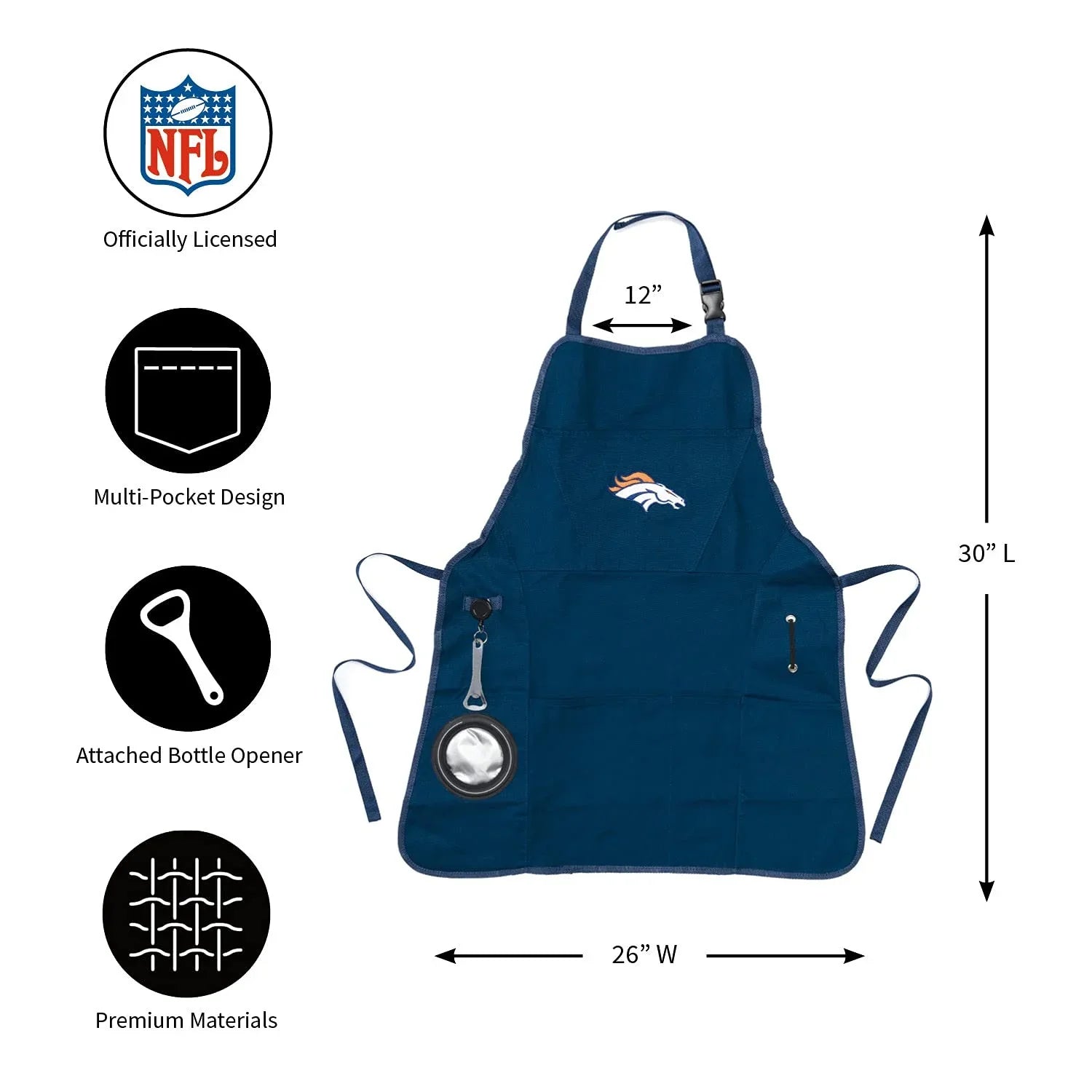 Team Sports America NFL Denver Broncos Ultimate Grilling Apron Durable Cotton with Beverage Opener and Multi Tool For Football Fans Fathers Day and More - 757 Sports Collectibles