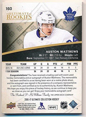 AUSTON MATTHEWS 2016/17 ULTIMATE COLLECTION ROOKIE AUTO 2 COLOR PATCH SP #01/49 - 757 Sports Collectibles