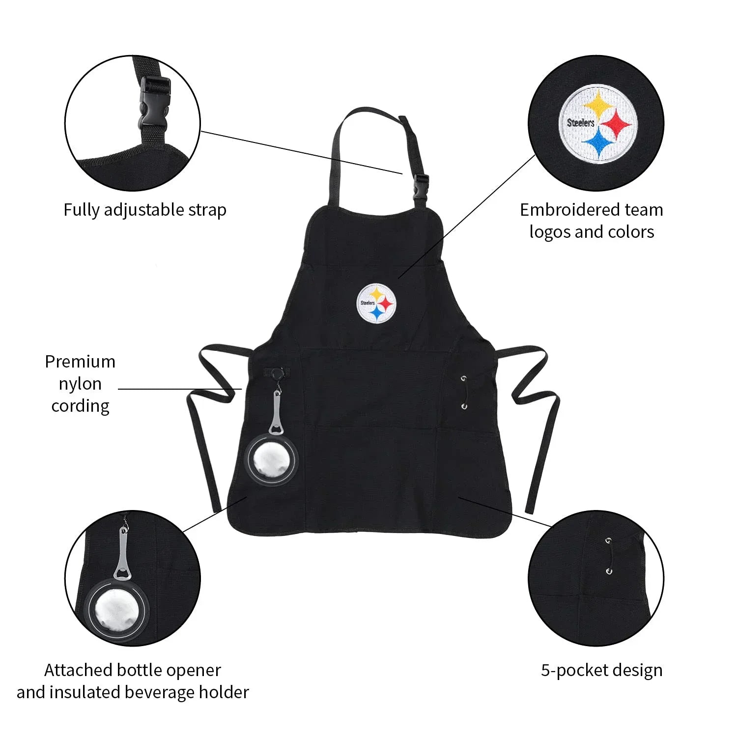 Team Sports America NFL Pittsburgh Steelers Ultimate Grilling Apron Durable Cotton with Beverage Opener and Multi Tool For Football Fans Fathers Day and More - 757 Sports Collectibles