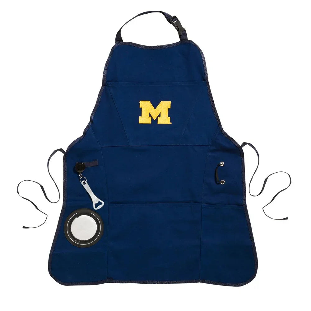Team Sports America Collegiate University Of Michigan Ultimate Grilling Apron Durable Cotton with Beverage Opener and Multi Tool For Football Fans Fathers Day and More - 757 Sports Collectibles