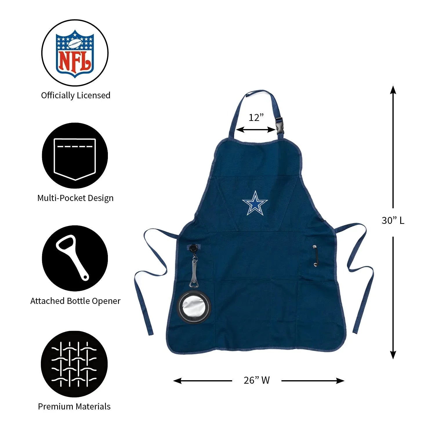 Team Sports America NFL Dallas Cowboys Ultimate Grilling Apron Durable Cotton with Beverage Opener and Multi Tool For Football Fans Fathers Day and More - 757 Sports Collectibles