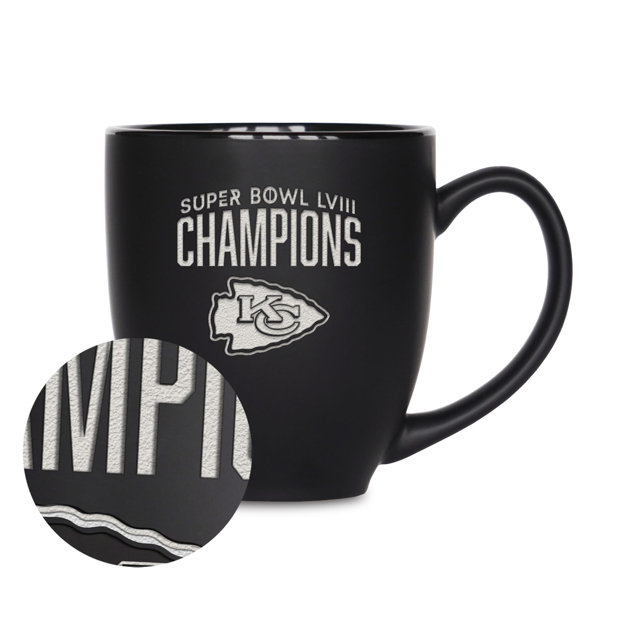 Rico Industries NFL Football Kansas City Chiefs 2024 Super Bowl LVIII Champions 15oz Laser Engraved Matte Black Ceramic Bistro Mug - for Hot or Cold Drinks - 757 Sports Collectibles