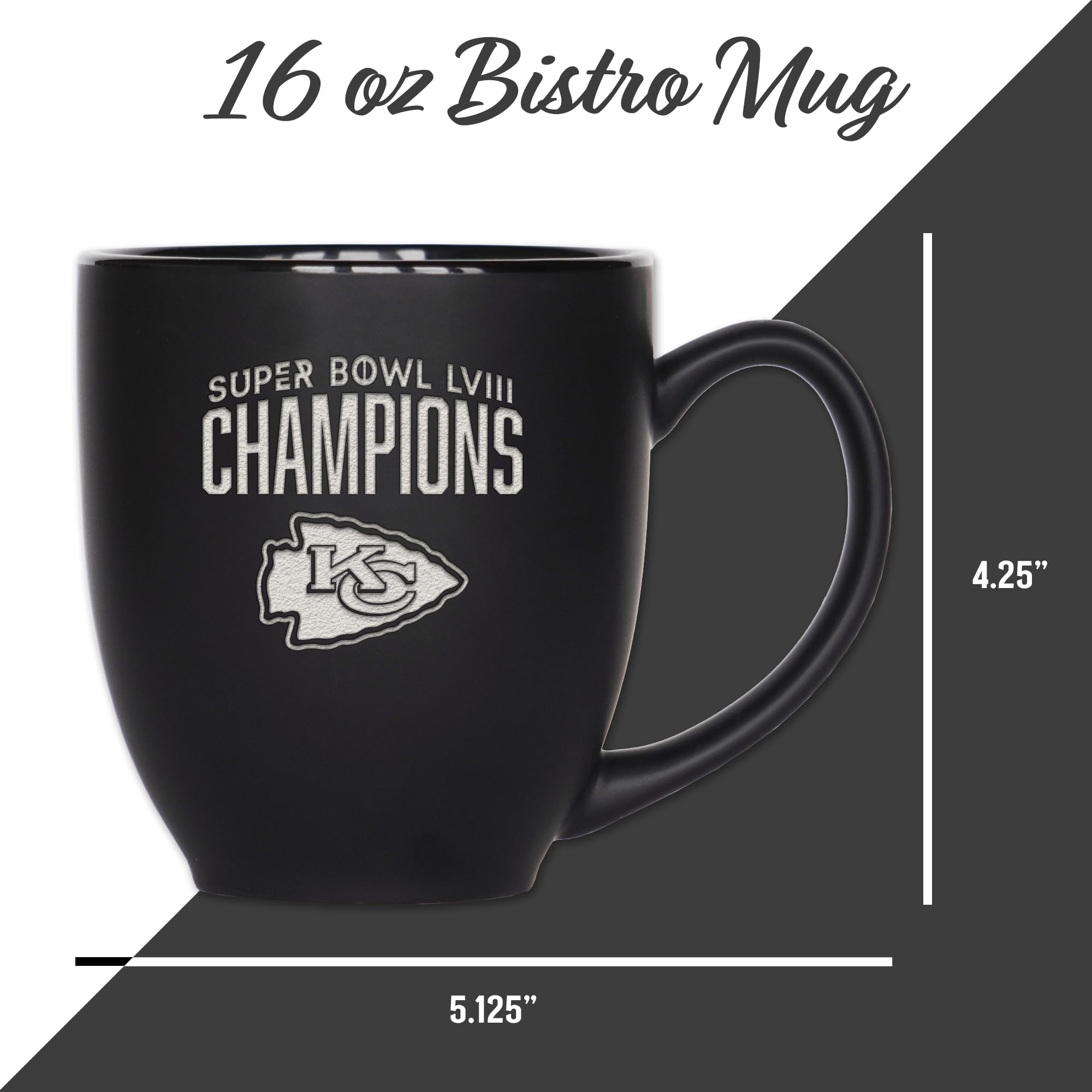 Rico Industries NFL Football Kansas City Chiefs 2024 Super Bowl LVIII Champions 15oz Laser Engraved Matte Black Ceramic Bistro Mug - for Hot or Cold Drinks - 757 Sports Collectibles