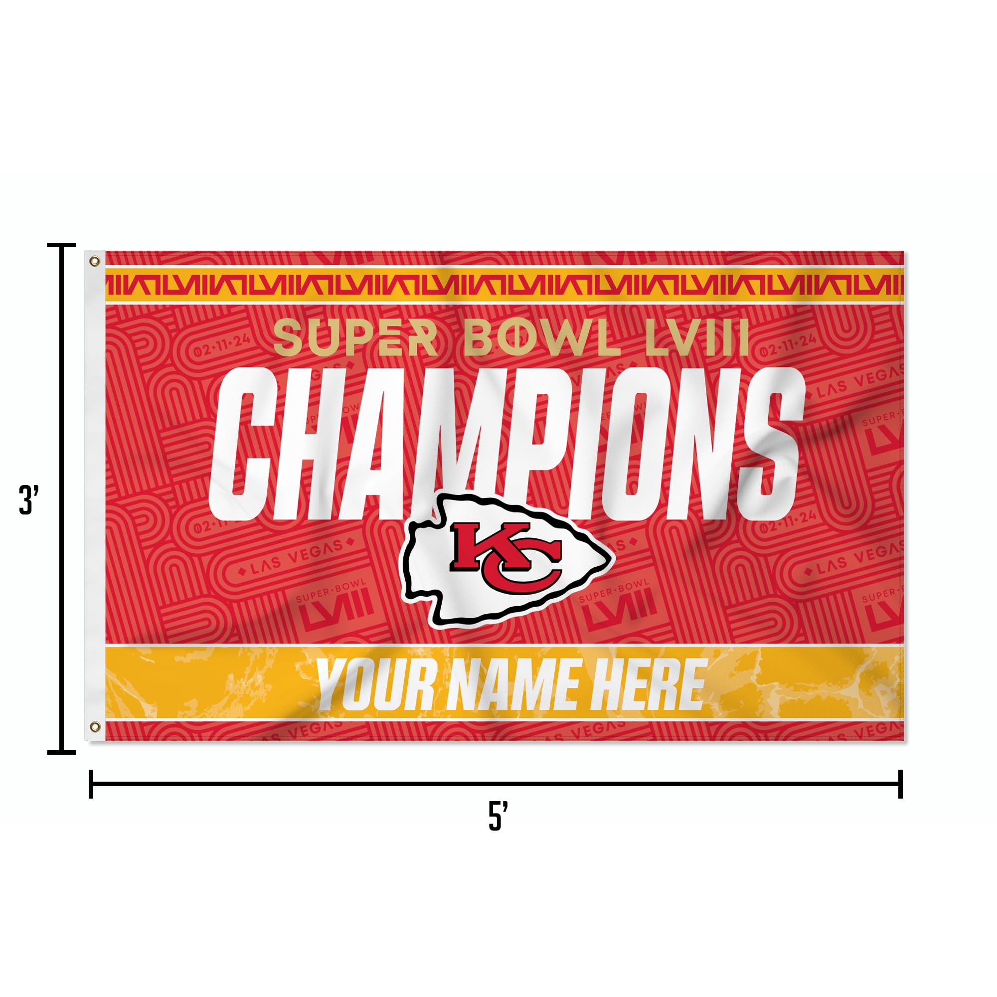 Rico Industries NFL Football Kansas City Chiefs 2024 Super Bowl LVIII Champions Personalized - Custom 3' x 5' Banner Flag - Made in The USA - Indoor or Outdoor Décor - 757 Sports Collectibles