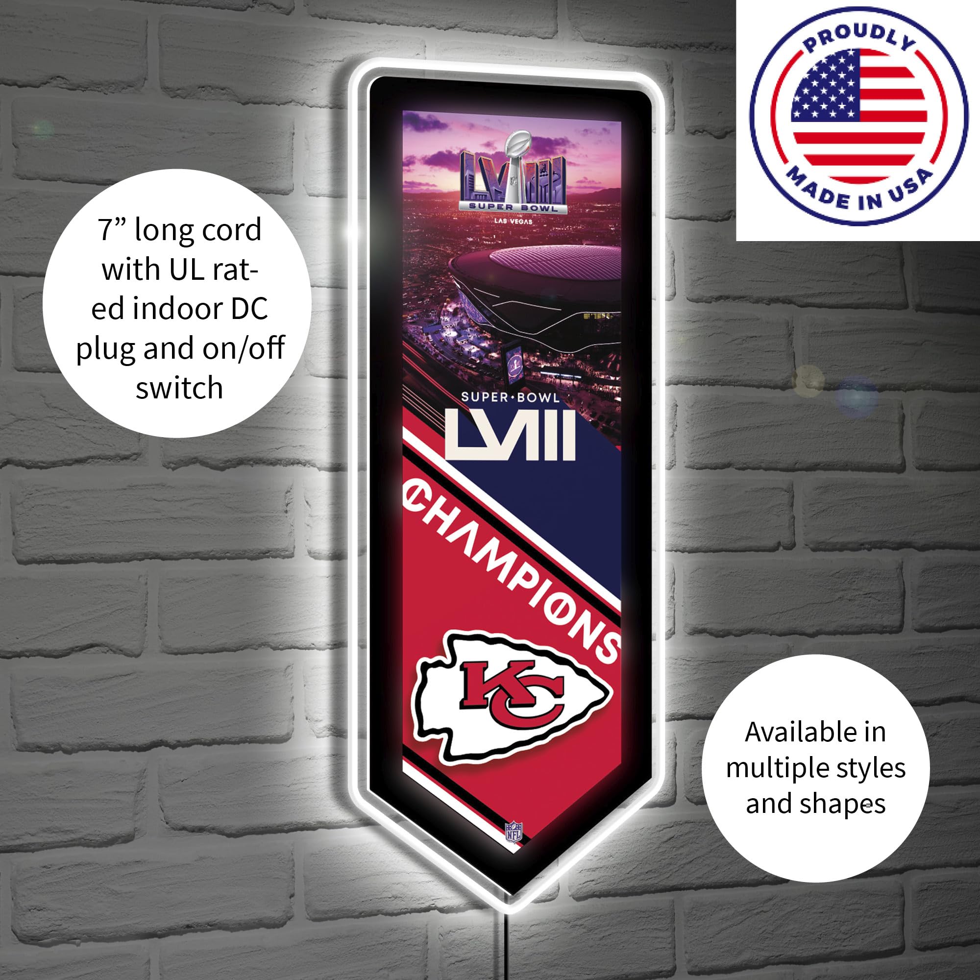 Team Sports America NFL Kansas City Chiefs Superbowl 58 Championship | Ultra-Thin LED Light Wall Sign Décor | Made in the USA | Football Fan Décor for Office, Living, Game or Bedroom (Pennant) - 757 Sports Collectibles