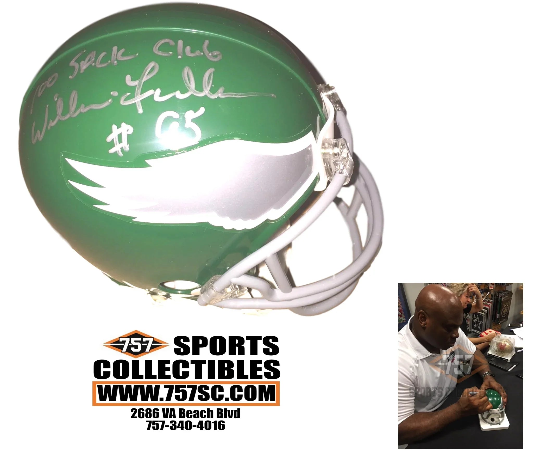 Philaelphia Eagles William Fuller Signed Autographed Mini Helmet 100 Sack Club Inscription (JSA PSA Pass) 757